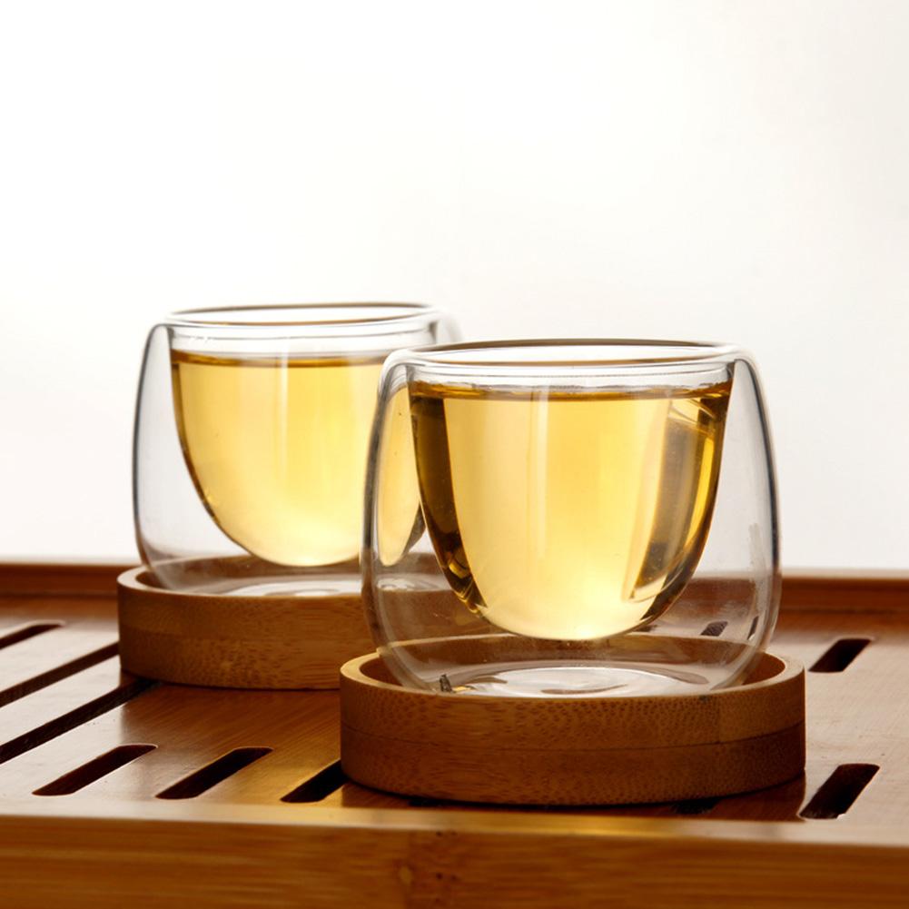 Handmade Double Wall Glass Tea Cup with Wood Tray