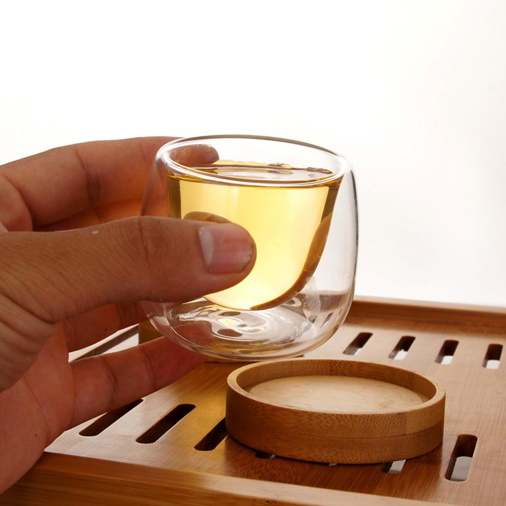 Handmade Double Wall Glass Tea Cup with Wood Tray