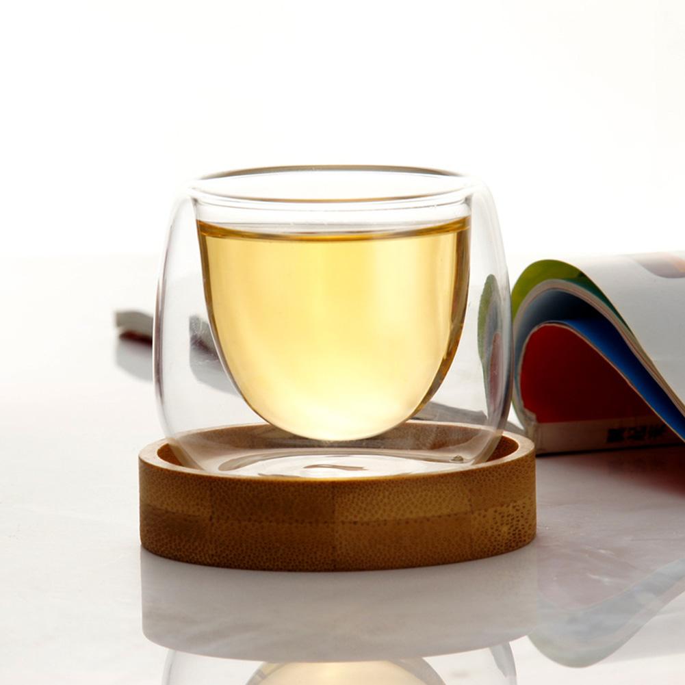 Handmade Double Wall Glass Tea Cup with Wood Tray