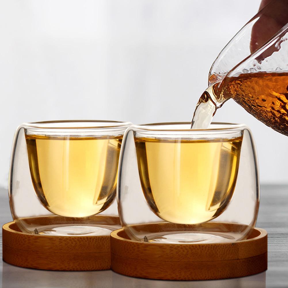 Handmade Double Wall Glass Tea Cup with Wood Tray