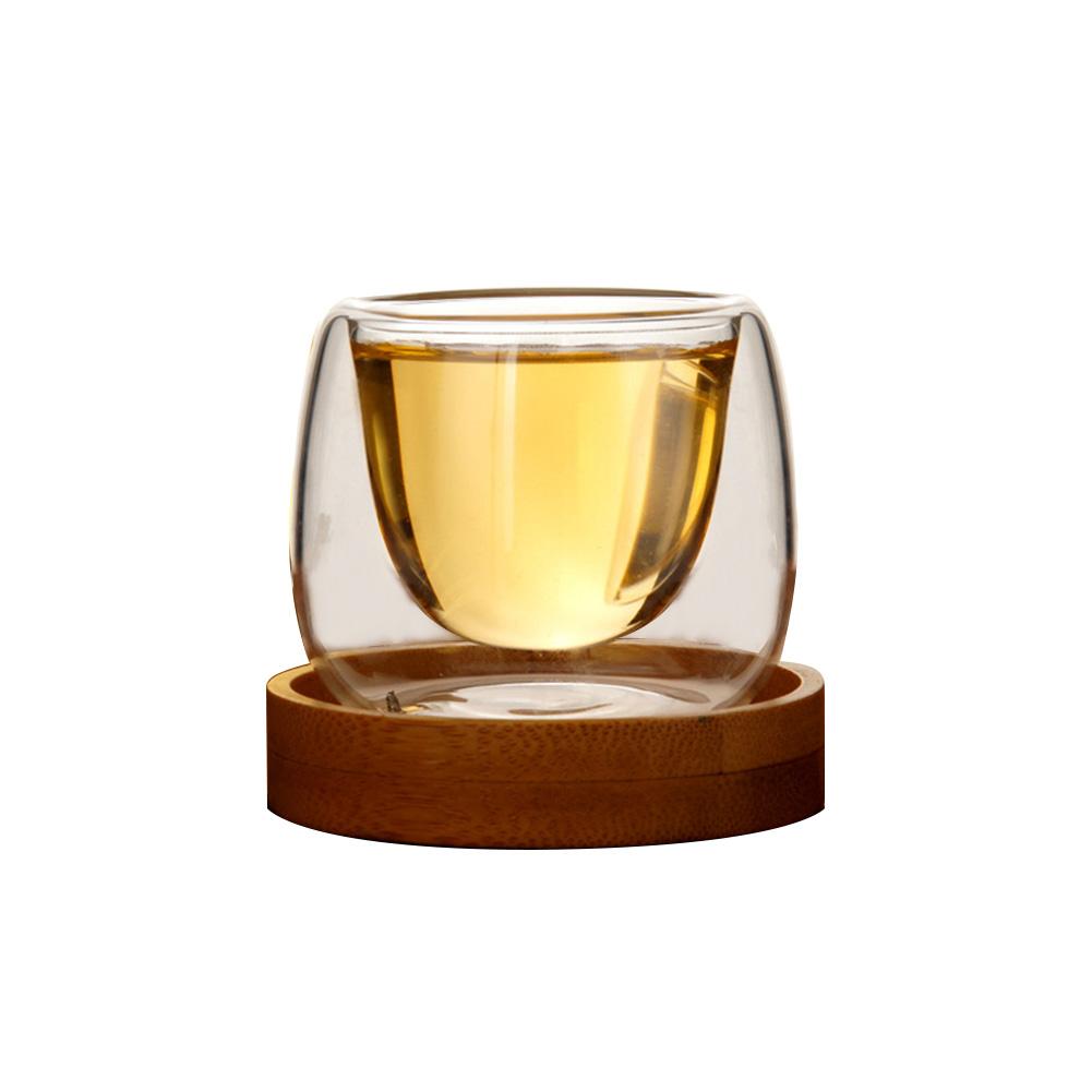 Handmade Double Wall Glass Tea Cup with Wood Tray